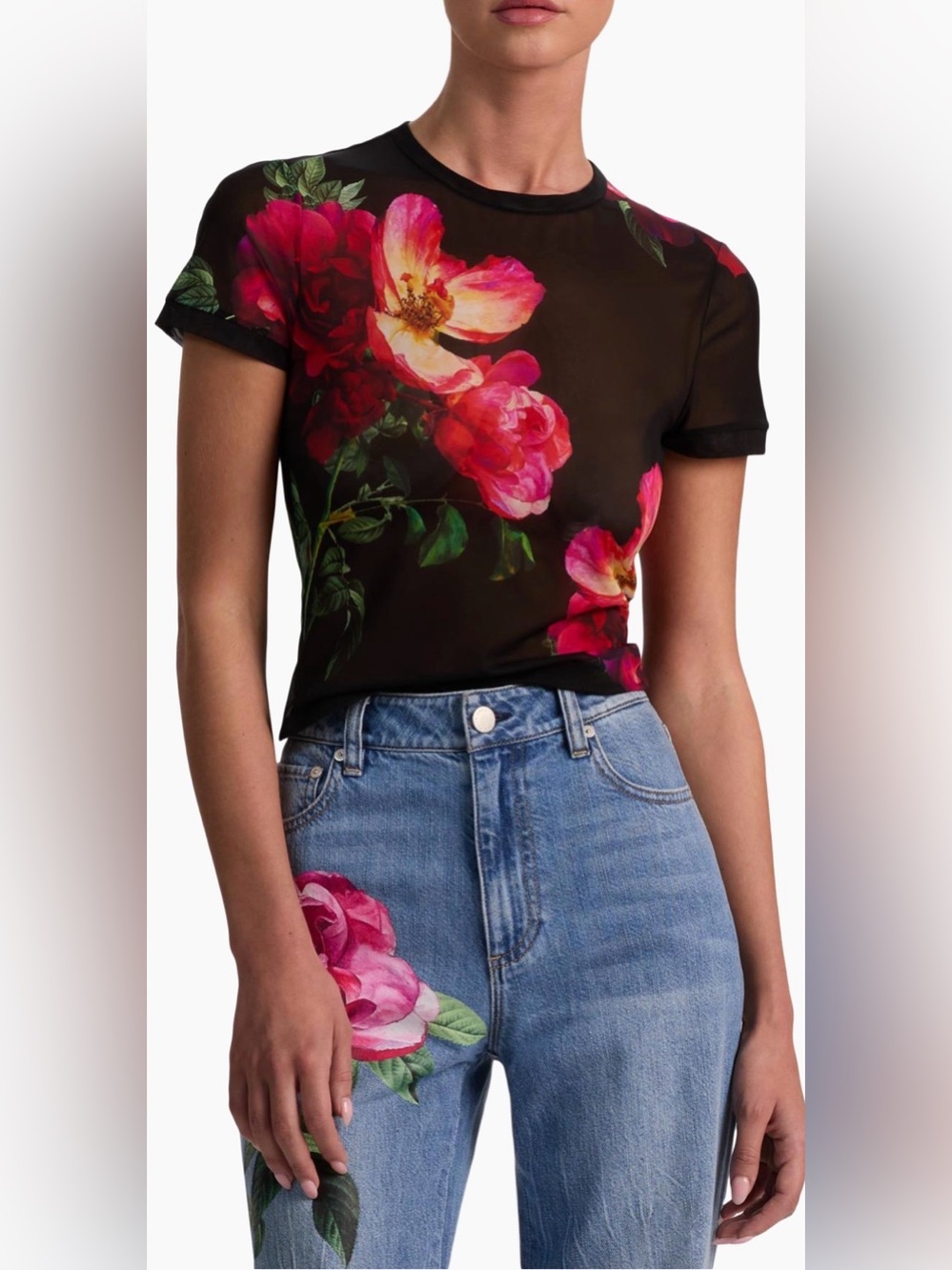 Alice + Olivia Tess Floral Crewneck T-Shirt. 
Jeans also available for sale.